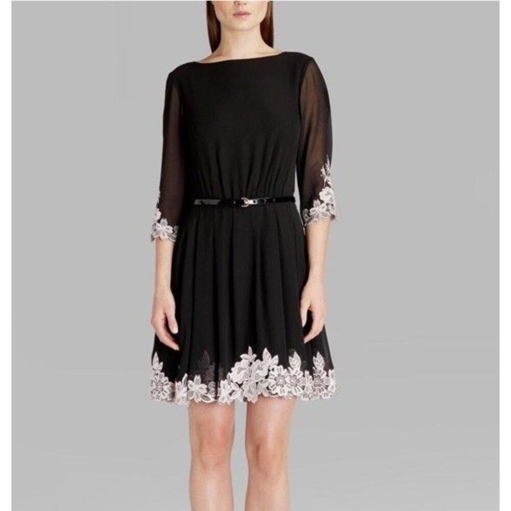Ted Baker Feay Black Heavy Embroidered Lace Trim Fit & Flare Cocktail Dress Sz 1 - Picture 2 of 11